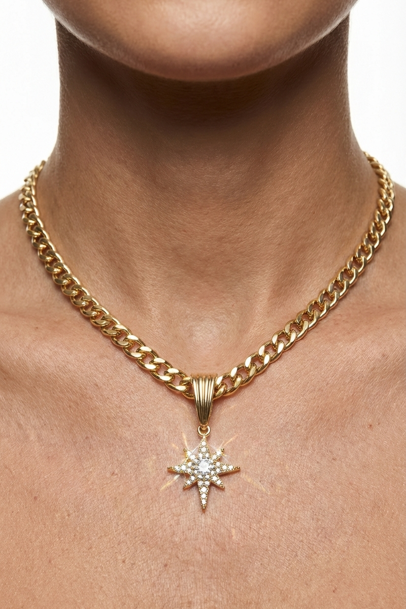 14K Altın Kaplama Kuzey Yıldızı Uçlu Gurmet Zincir Kolye 2