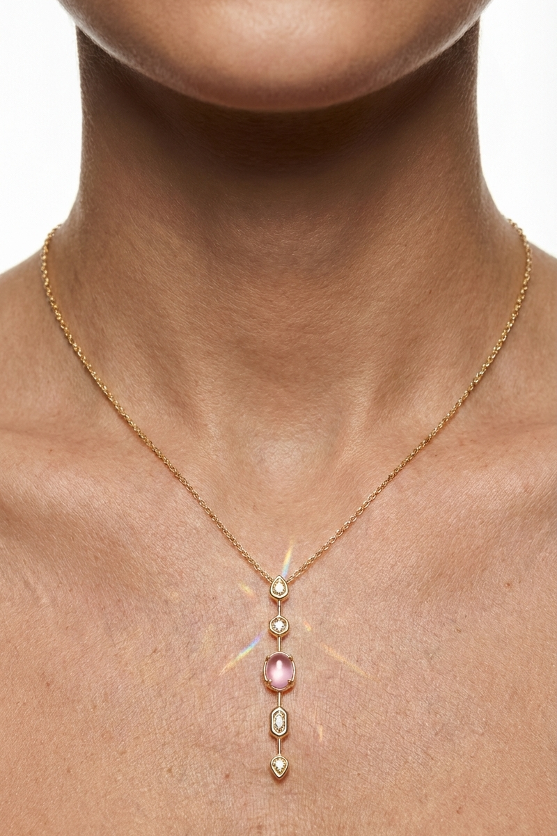 14K Altın Kaplama Pembe Taşlı Zirkon Detaylı Kolye 2