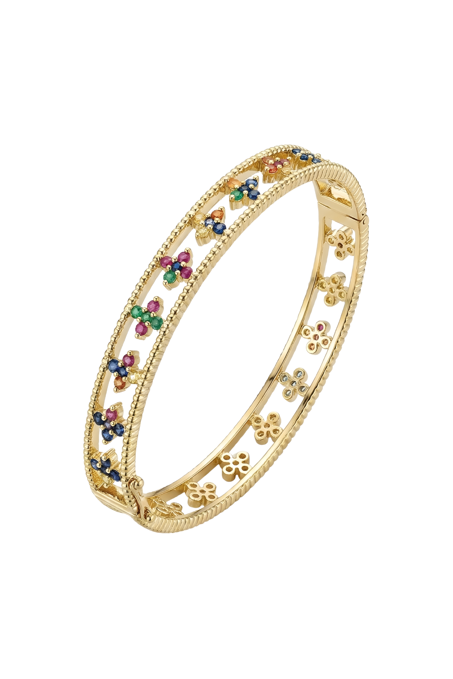 14K Altın Kaplama Renkli Zirkon Taşlı Çiçekli Kelepçe Bileklik 1