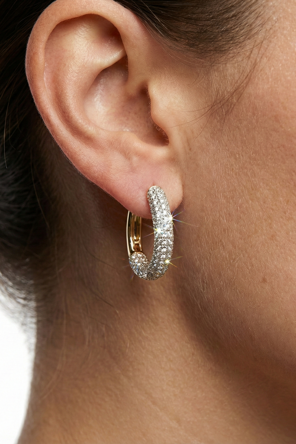 14K Altın Kaplama Tam Tur Taşlı Oval Halka Küpe 5