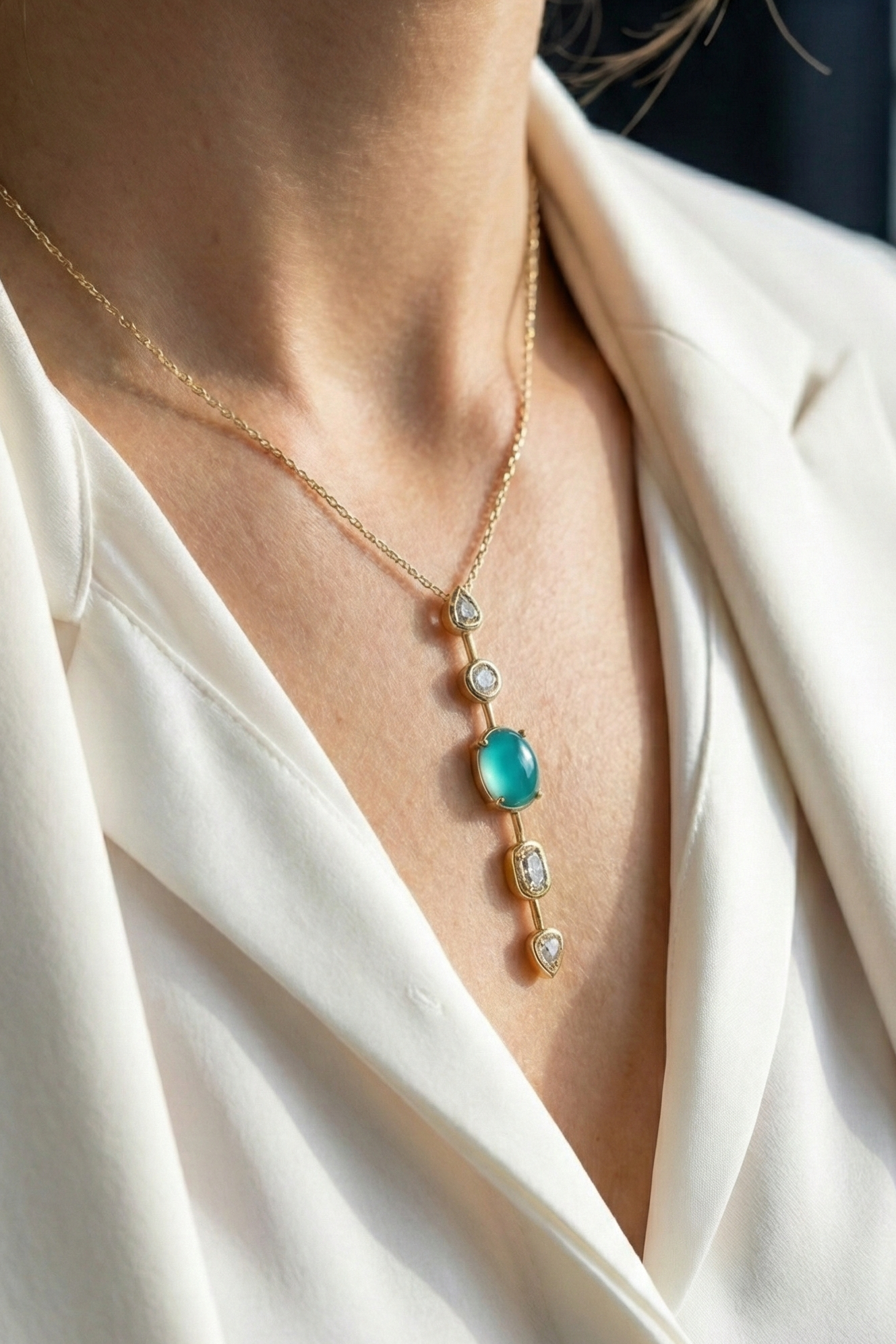 14K Altın Kaplama Turkuaz Taşlı Zirkon Detaylı Kolye 3