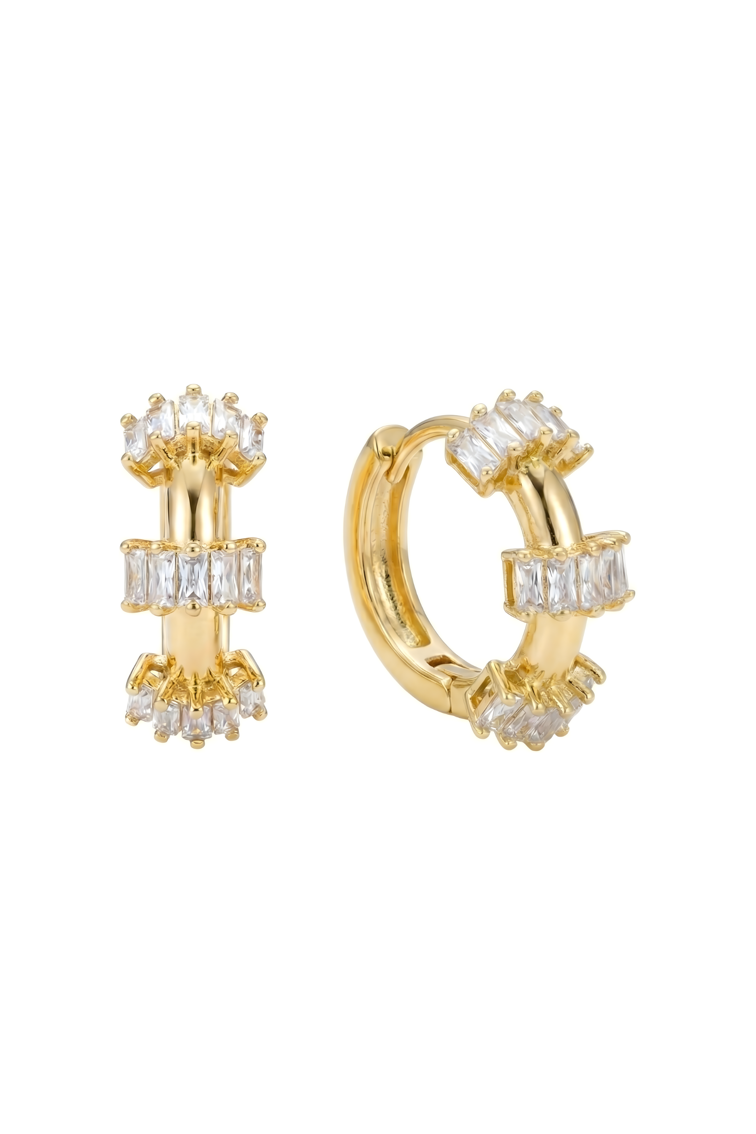 14K Altın Kaplama Üç Sıra Baget Taşlı Halka Küpe 1