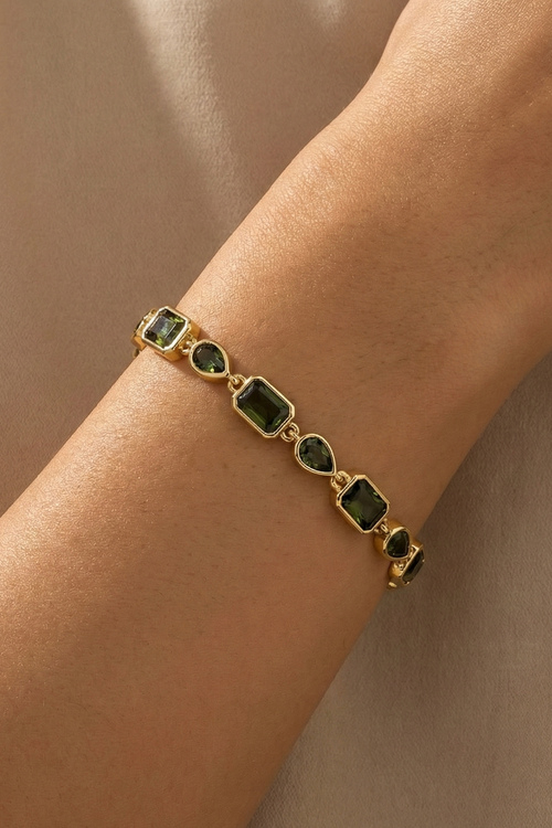 14K Altın Kaplama Yeşil Baget ve Damla Taşlı Su Yolu Bileklik 2