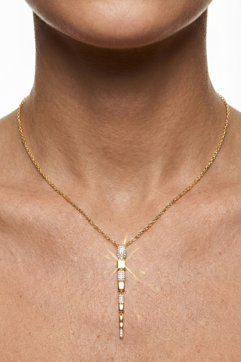 14K Altın Kaplama Zirkon Taşlı ve Gold Kare Sıralı Sallantılı Kolye 2