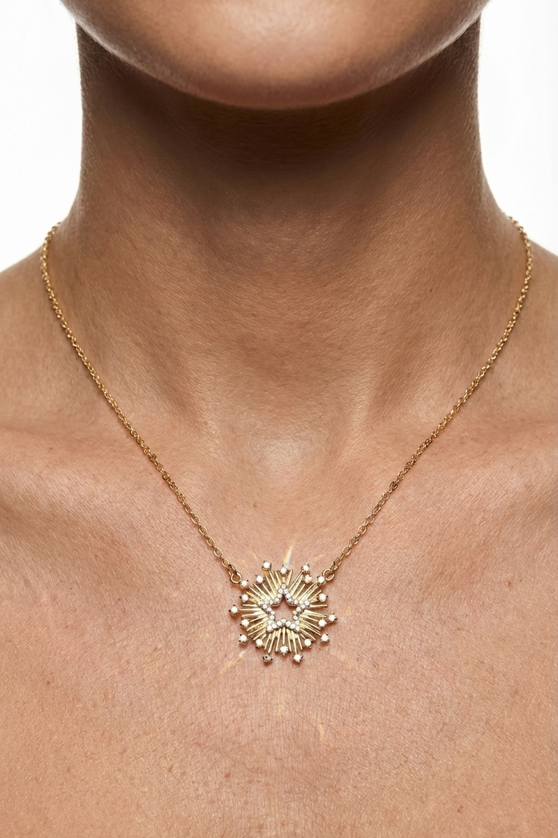 14K Altın Kaplama Zirkon Taşlı Starburst Yıldız Kolye 2