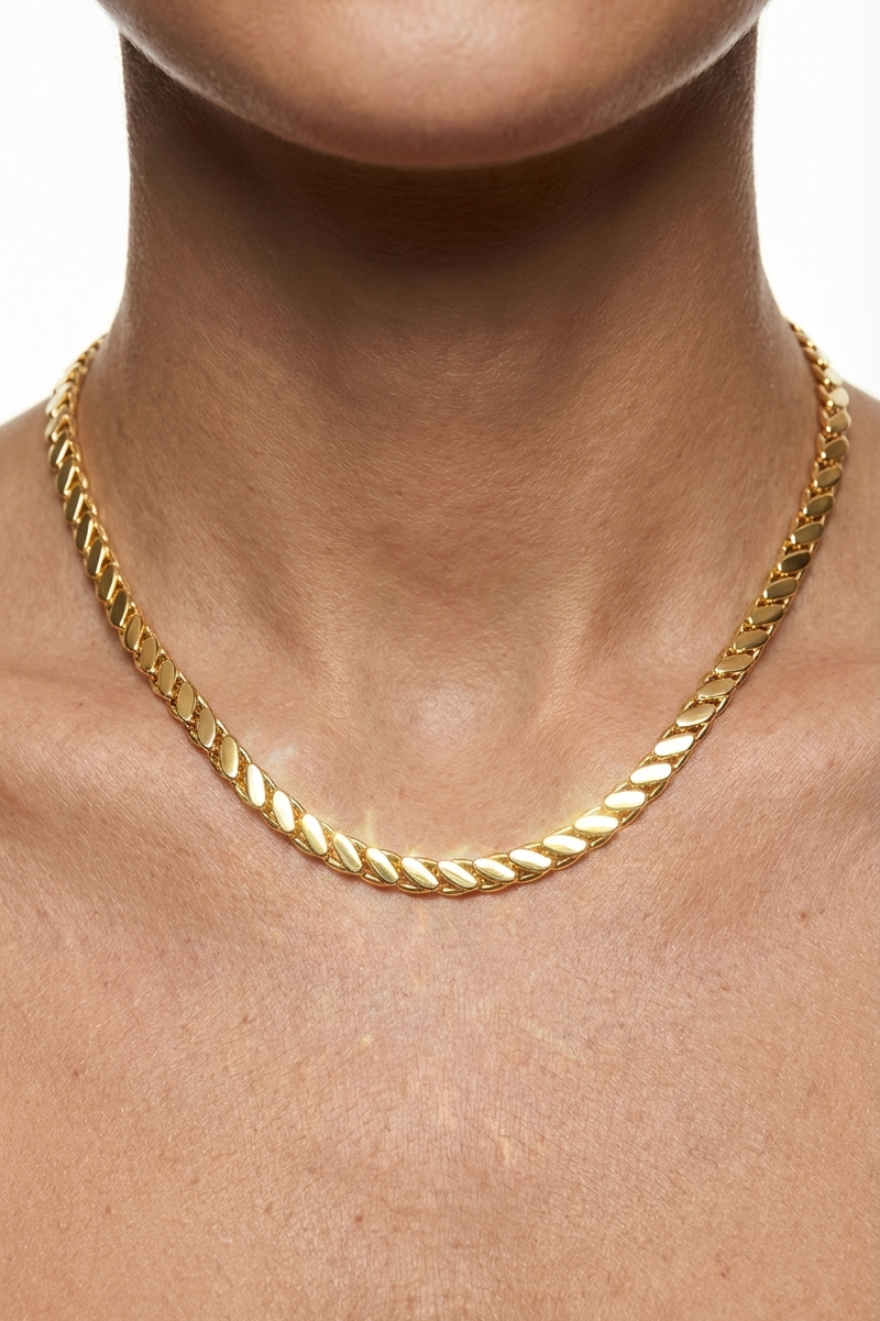 316L Çelik Gold Kalın Yassı Ezme Zincir Kolye 2