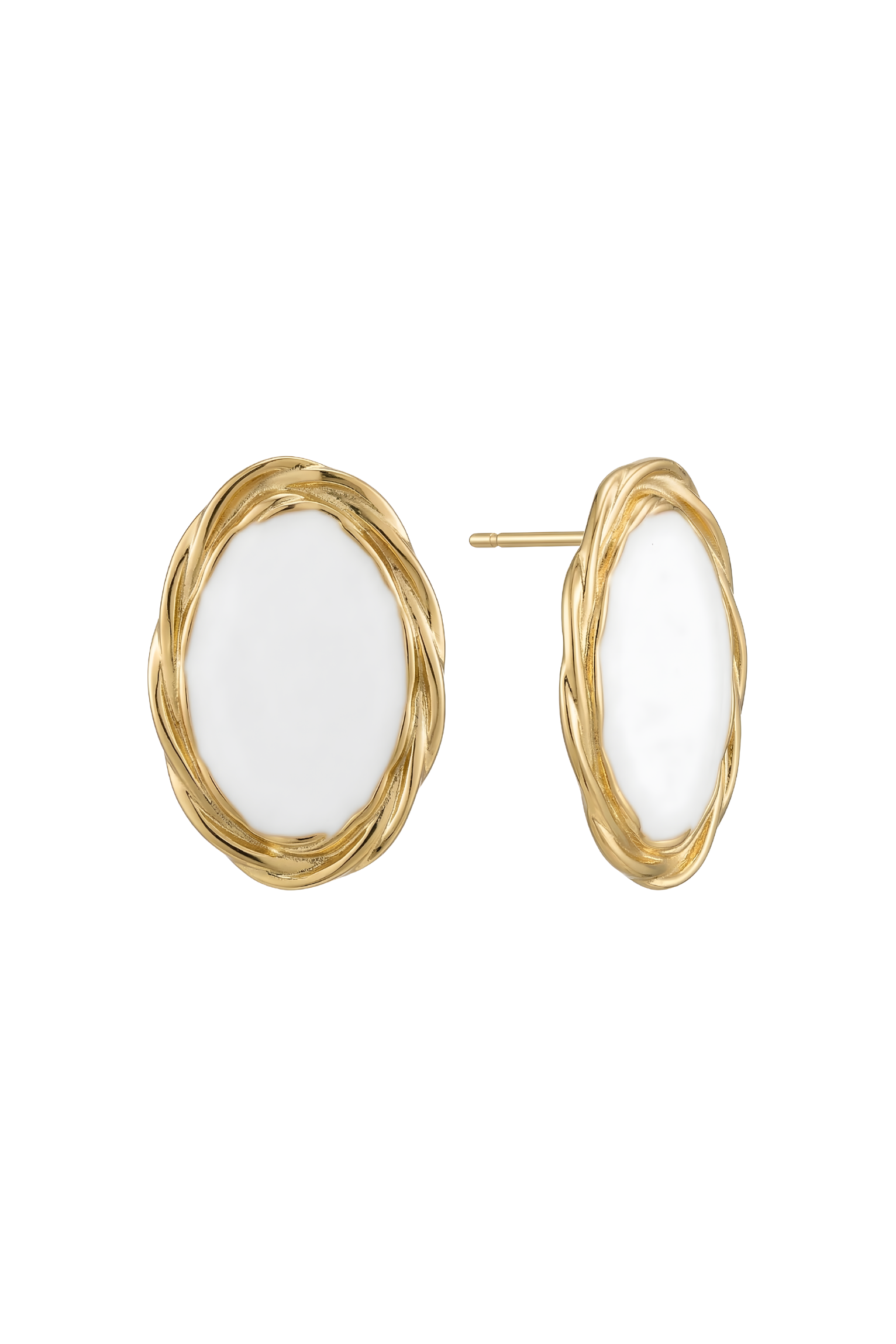 316L Çelik Gold Renk Burgu Çerçeveli Beyaz Oval Küpe 1
