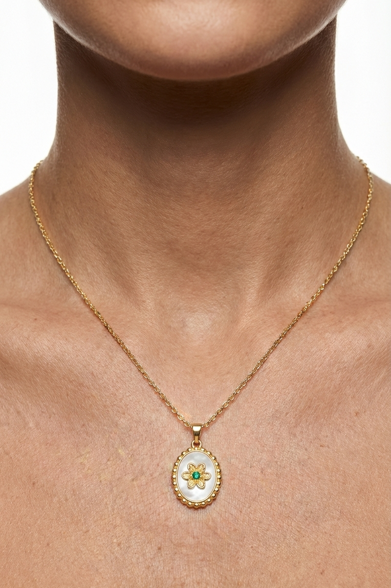 316L Çelik Gold Sedefli Çiçek Madalyon Kolye 2