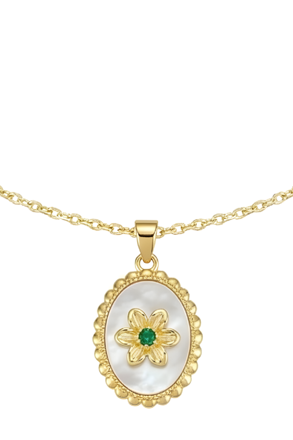 316L Çelik Gold Sedefli Çiçek Madalyon Kolye 3