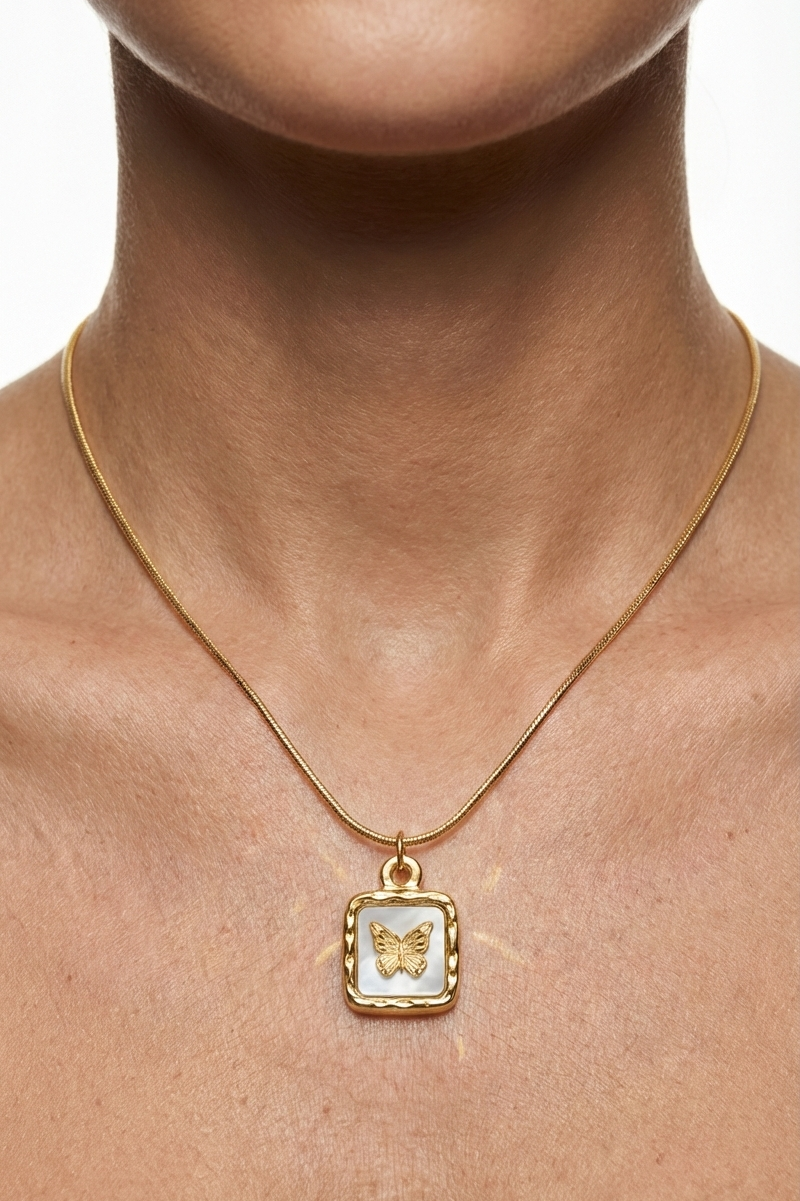 316L Çelik Gold Sedefli Kelebek Kolye 2