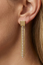 316L Çelik Gold Zirkon Taşlı Zincir Püsküllü Kare Küpe 2