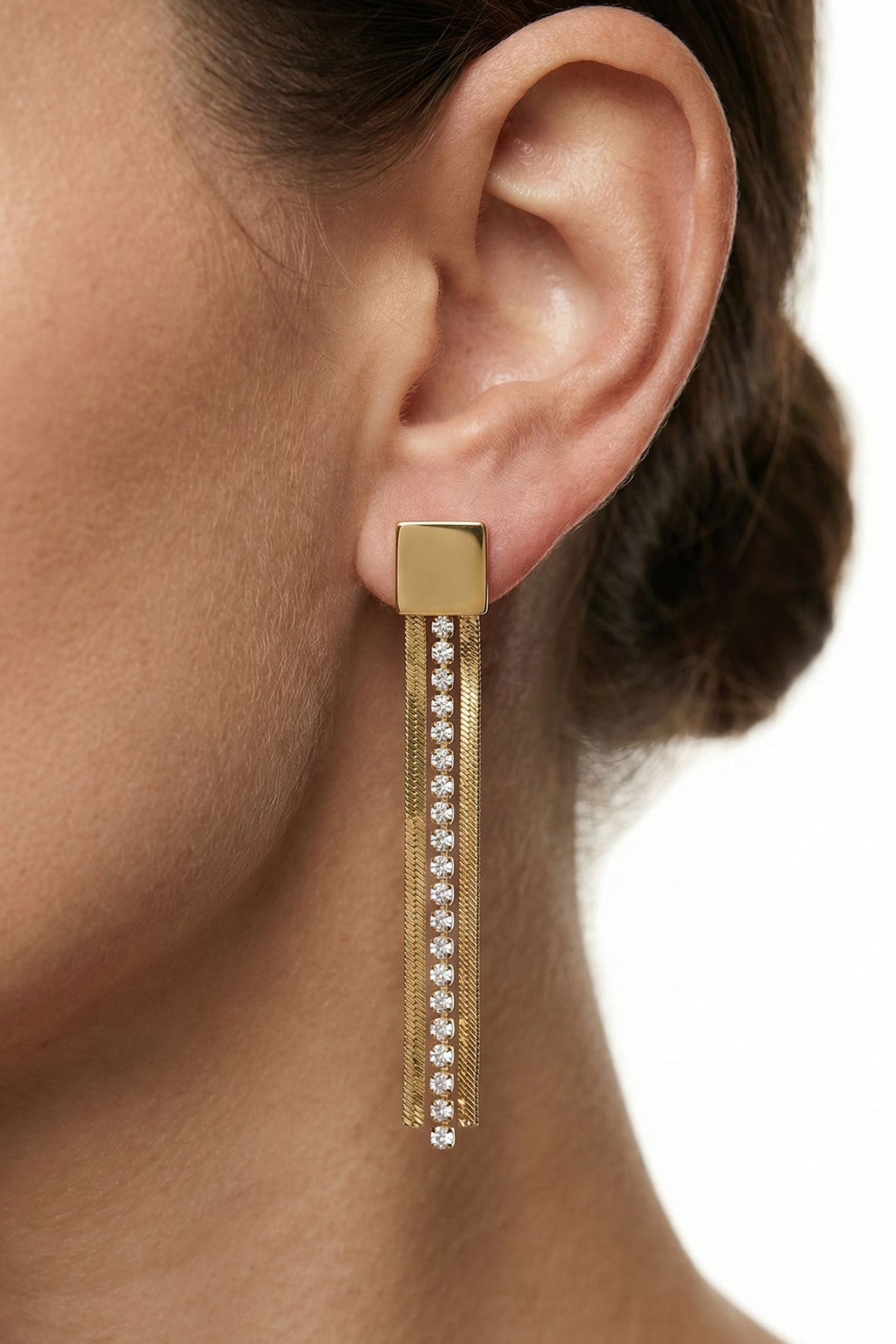 316L Çelik Gold Zirkon Taşlı Zincir Püsküllü Kare Küpe 3