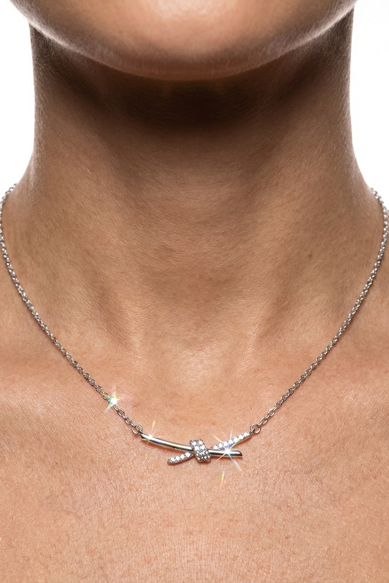 316L Çelik Gümüş Renk Zirkon Taşlı Düğüm Kolye 2