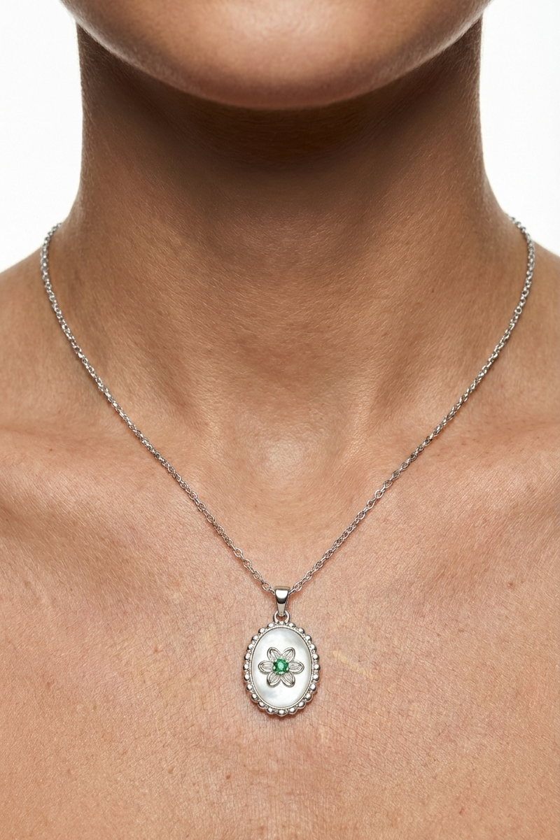 316L Çelik Gümüş Sedefli Çiçek Madalyon Kolye 2