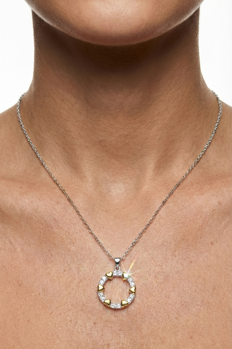 316L Çelik Gümüş Zincirli Gold Kalp Detaylı Halka Kolye 2