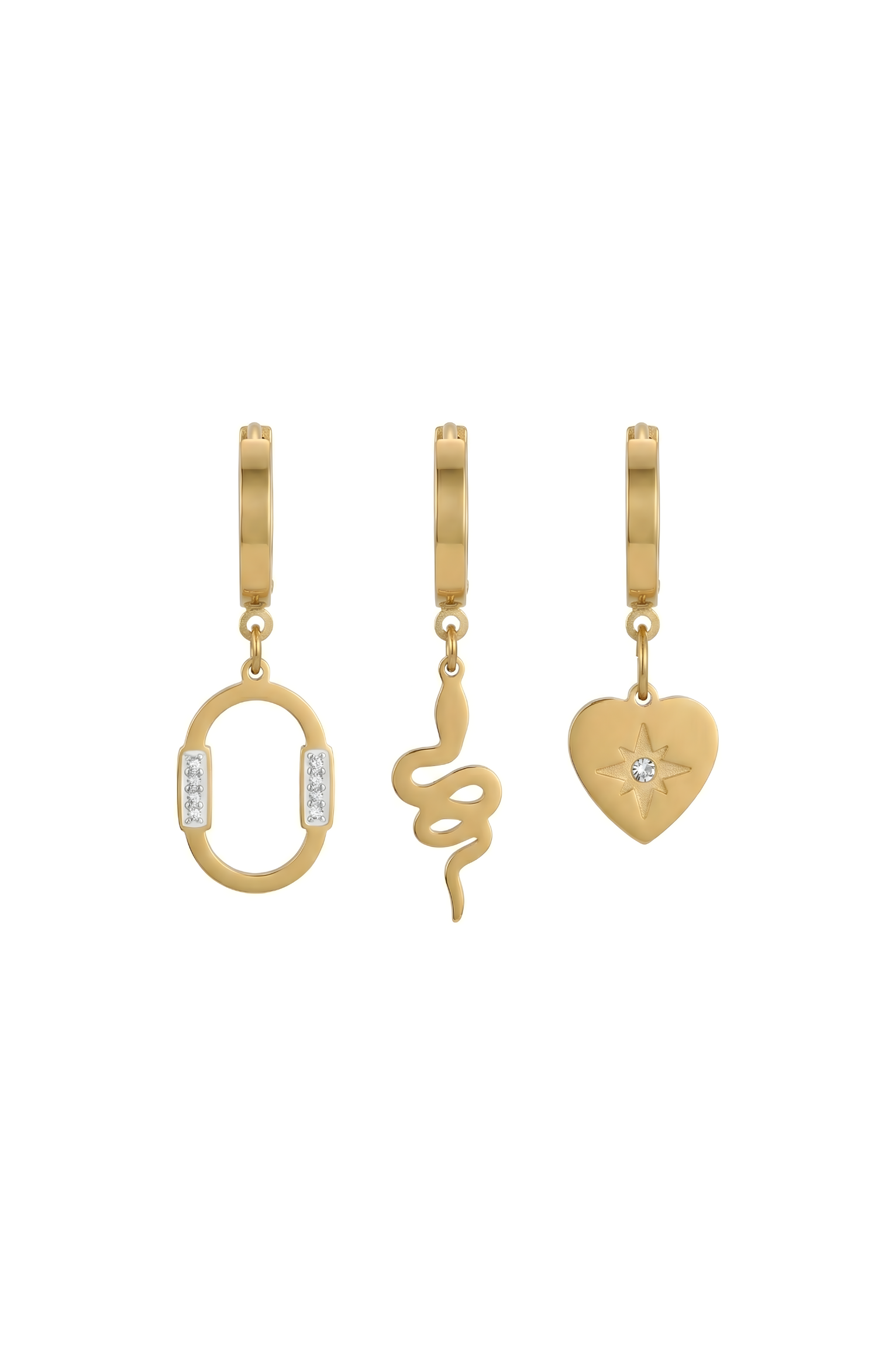 316L Çelik Halka, Yılan ve Kalp Figürlü 3'lü Küpe Seti 1