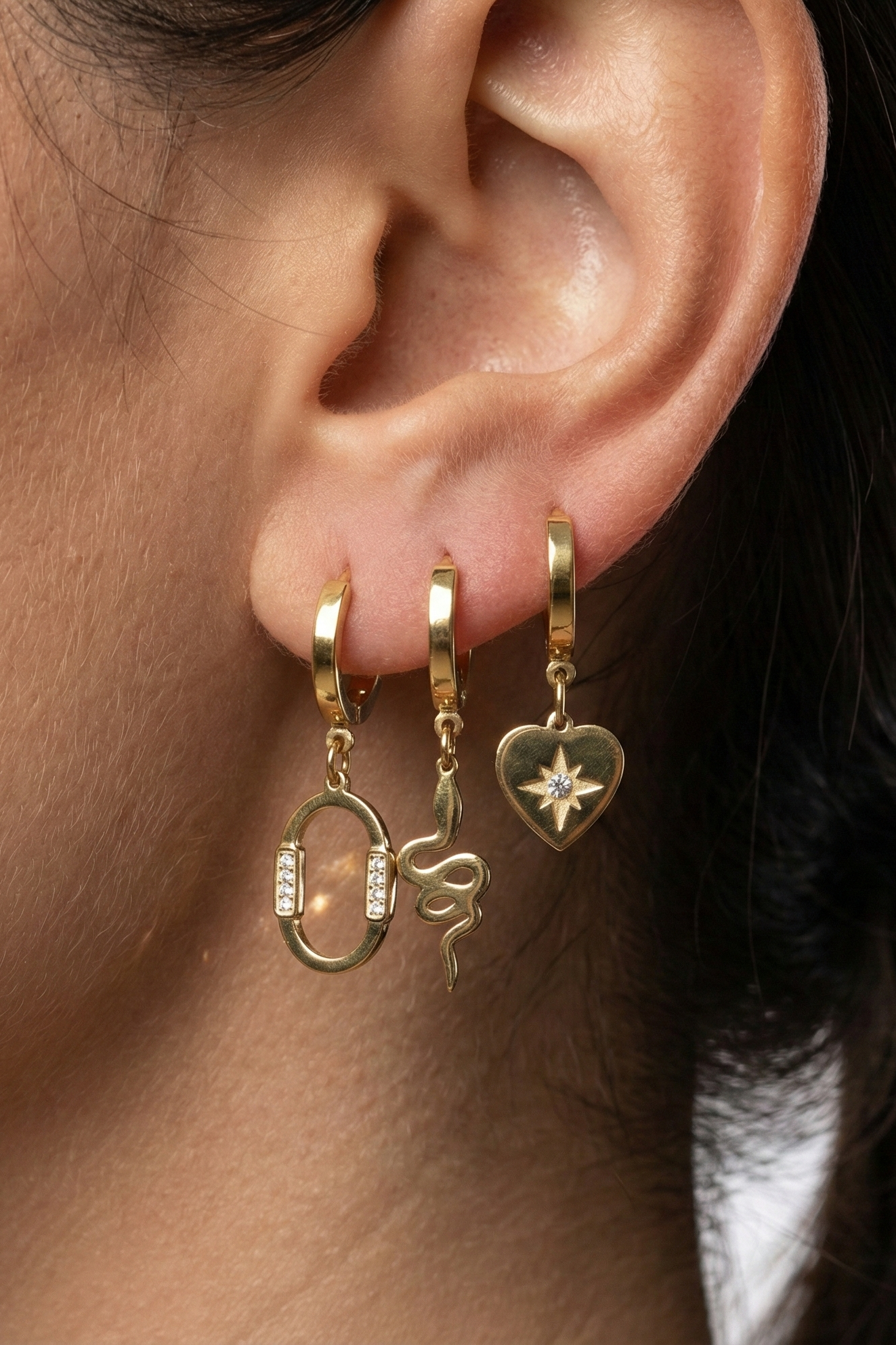 316L Çelik Halka, Yılan ve Kalp Figürlü 3'lü Küpe Seti 2